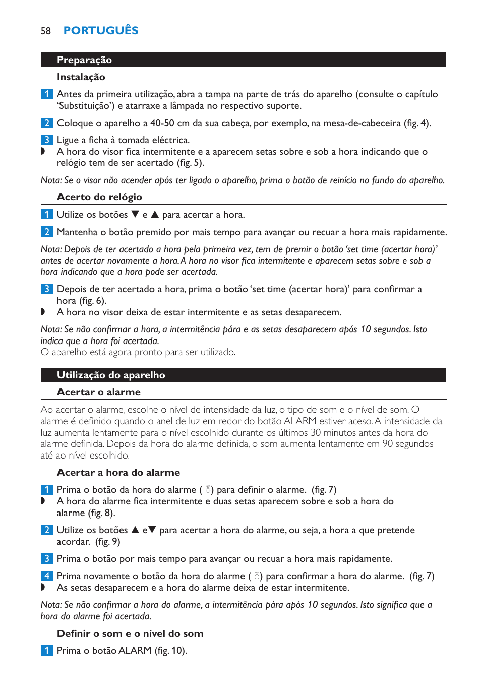 Preparação, Instalação, Acerto do relógio | Utilização do aparelho, Acertar o alarme, Acertar a hora do alarme, Definir o som e o nível do som | Philips HF3451 User Manual | Page 58 / 76