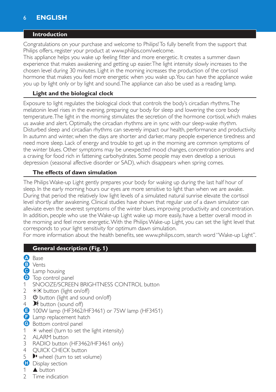 English, Introduction, Light and the biological clock | The effects of dawn simulation, General description (fig. 1) | Philips HF3451 User Manual | Page 6 / 76