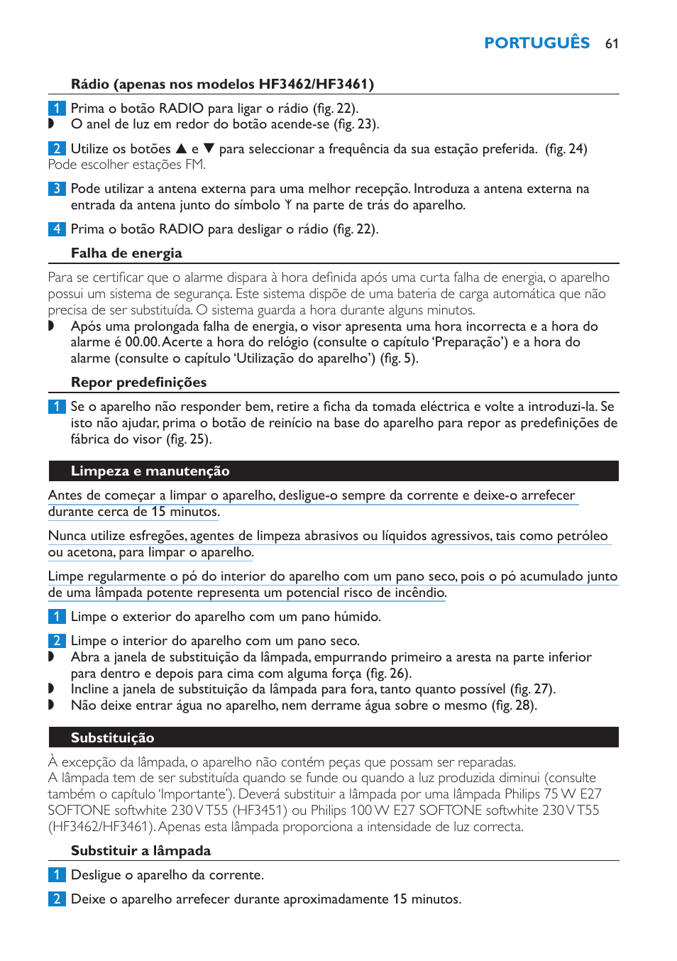 Rádio (apenas nos modelos hf3462/hf3461), Falha de energia, Repor predefinições | Limpeza e manutenção, Substituição, Substituir a lâmpada | Philips HF3451 User Manual | Page 61 / 76