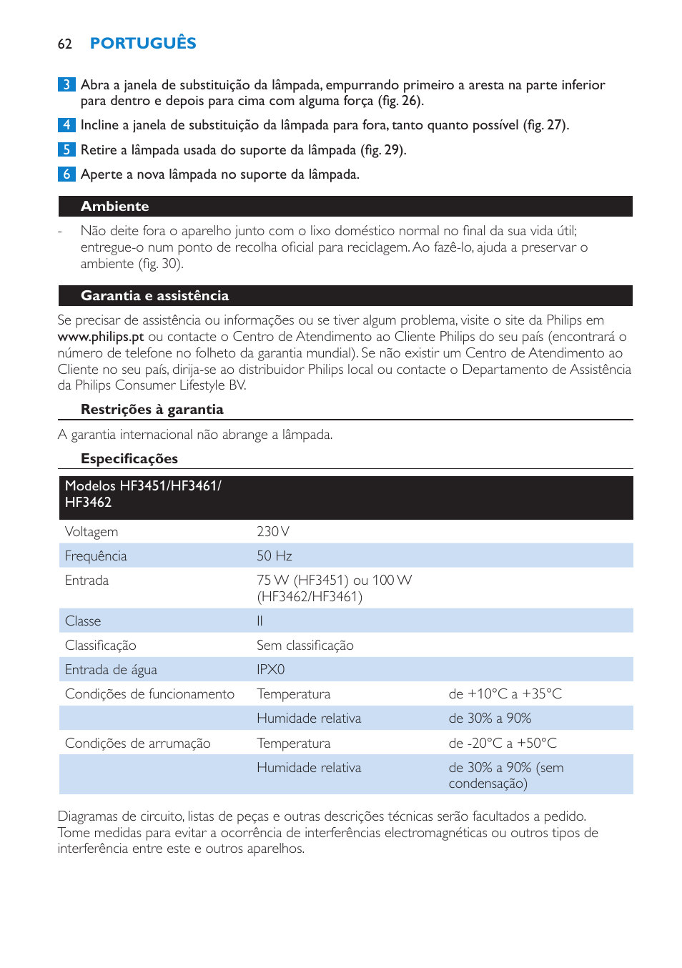 Ambiente, Garantia e assistência, Restrições à garantia | Especificações | Philips HF3451 User Manual | Page 62 / 76