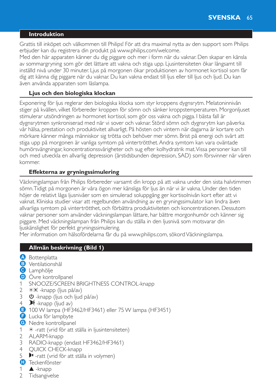 Svenska, Introduktion, Ljus och den biologiska klockan | Effekterna av gryningssimulering, Allmän beskrivning (bild 1) | Philips HF3451 User Manual | Page 65 / 76