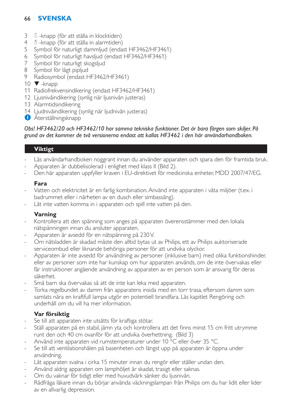 Fara, Varning, Var försiktig | Viktigt | Philips HF3451 User Manual | Page 66 / 76