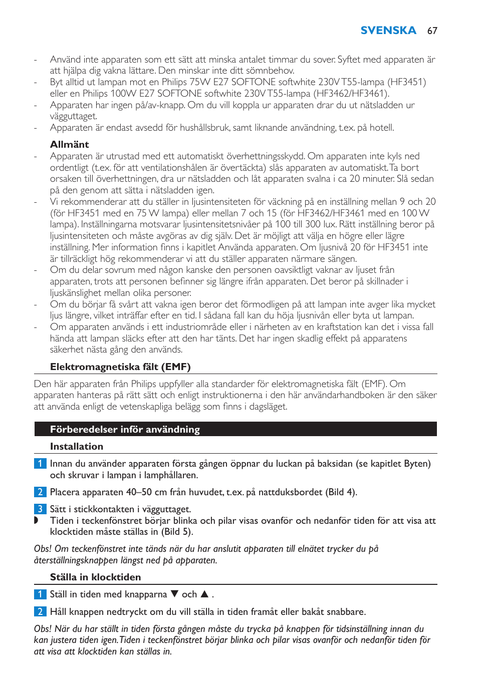 Allmänt, Elektromagnetiska fält (emf), Förberedelser inför användning | Installation, Ställa in klocktiden | Philips HF3451 User Manual | Page 67 / 76