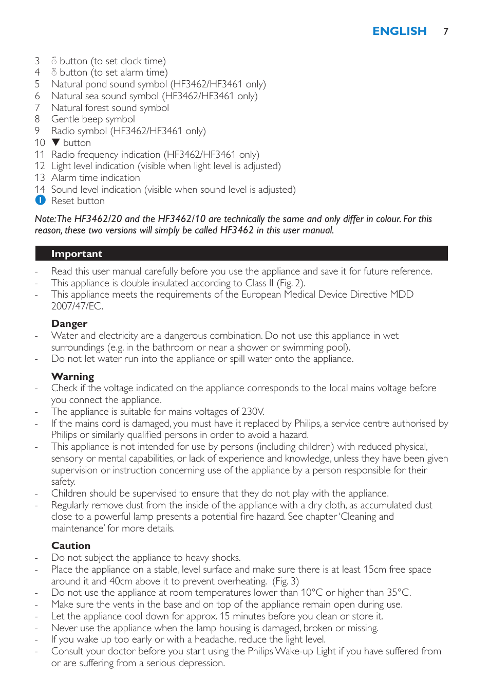 Danger, Warning, Caution | Important | Philips HF3451 User Manual | Page 7 / 76