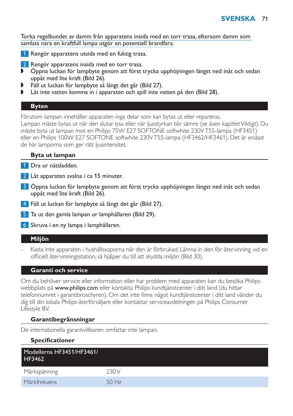 Rengöring och underhåll, Byten, Byta ut lampan | Miljön, Garanti och service, Garantibegränsningar | Philips HF3451 User Manual | Page 71 / 76