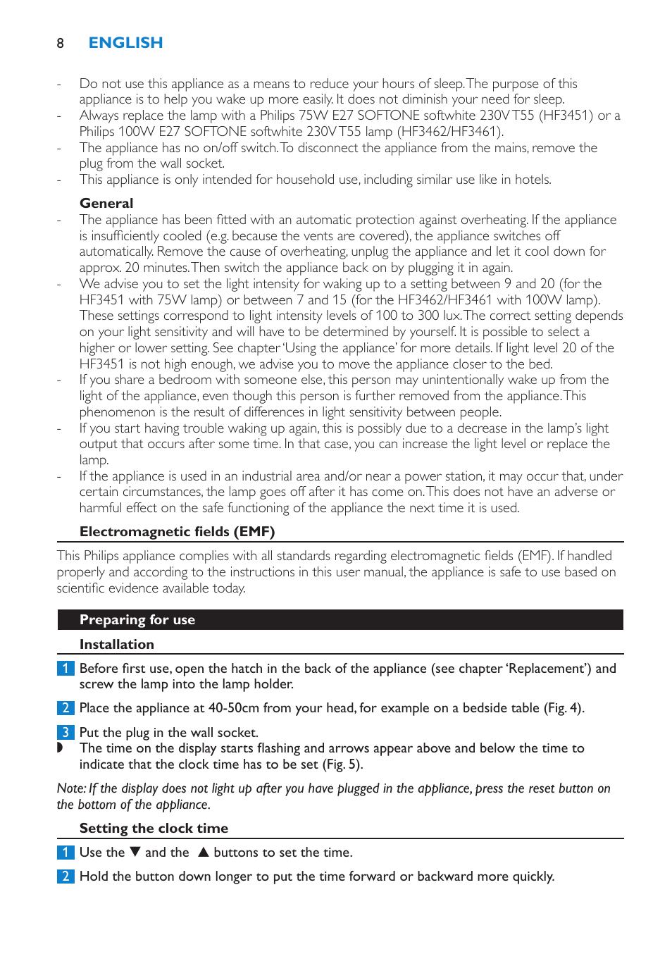 General, Electromagnetic fields (emf), Preparing for use | Installation, Setting the clock time | Philips HF3451 User Manual | Page 8 / 76