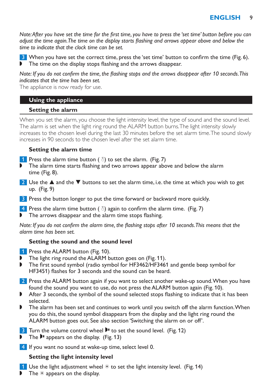 Using the appliance, Setting the alarm, Setting the alarm time | Setting the sound and the sound level, Setting the light intensity level | Philips HF3451 User Manual | Page 9 / 76