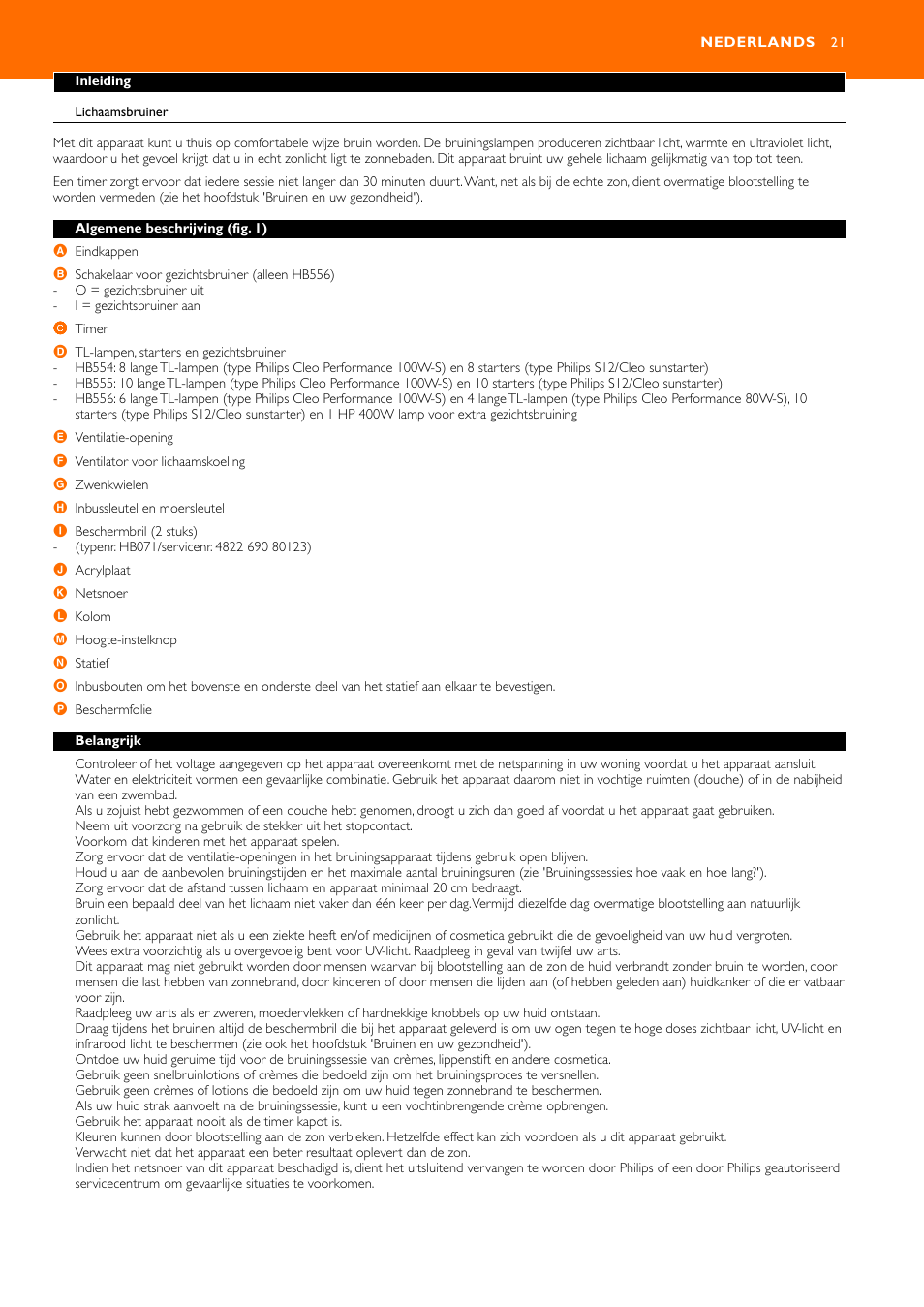 Nederlands 21 | Philips HB556 User Manual | Page 21 / 60