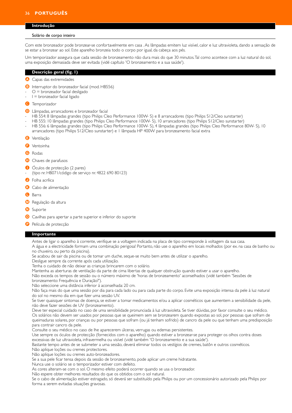 Português 36 | Philips HB556 User Manual | Page 36 / 60