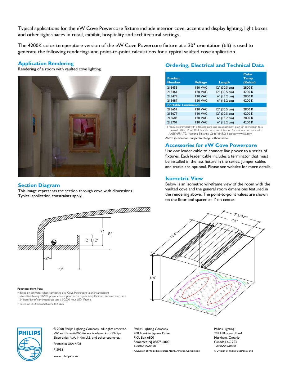 Application rendering, Ordering, electrical and technical data, Accessories for ew cove powercore | Rendering of a room with vaulted cove lighting | Philips P-5933 User Manual | Page 2 / 2