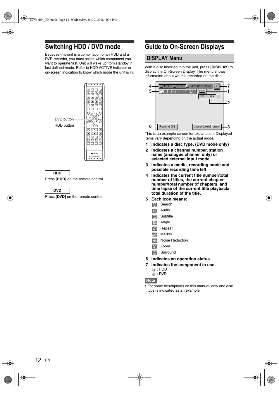 Switching hdd / dvd mode, Guide to on-screen displays, Display menu | Philips HDR3700 User Manual | Page 12 / 100