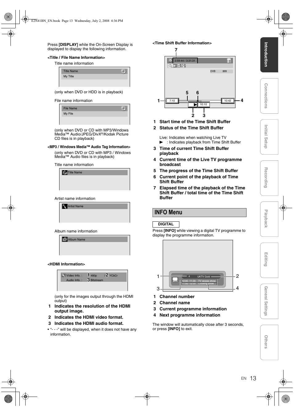 Info menu | Philips HDR3700 User Manual | Page 13 / 100