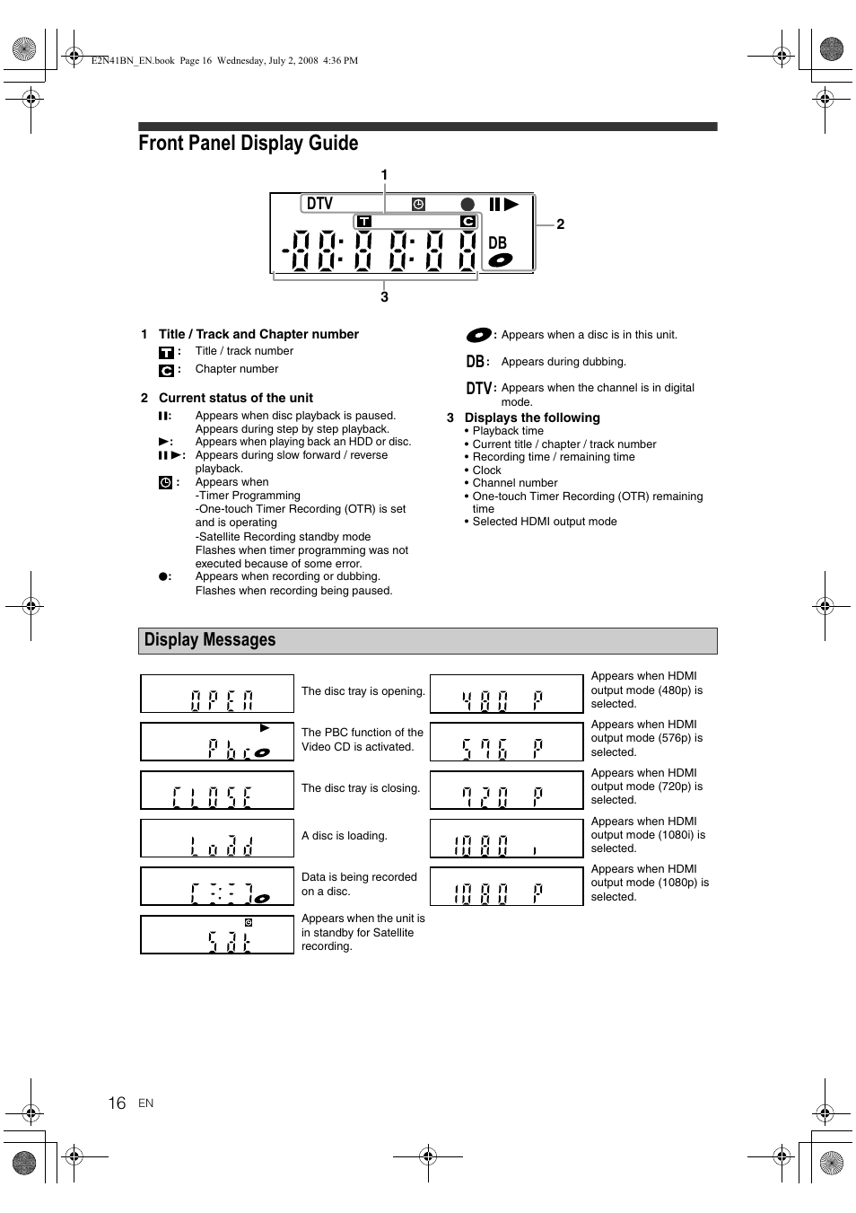 Front panel display guide, Display messages, Db dtv | Philips HDR3700 User Manual | Page 16 / 100