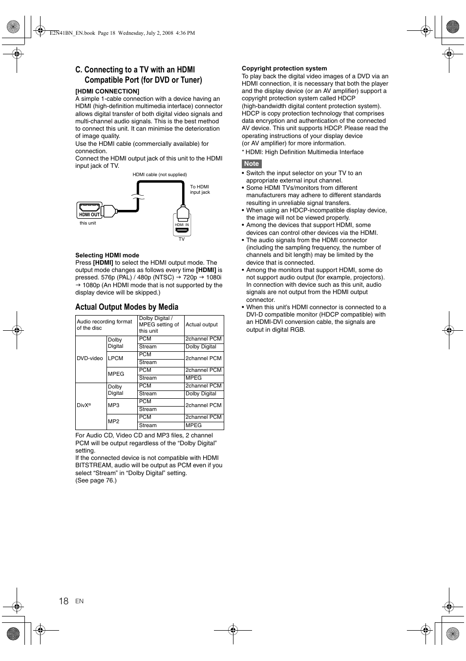 1080p, Actual output modes by media | Philips HDR3700 User Manual | Page 18 / 100