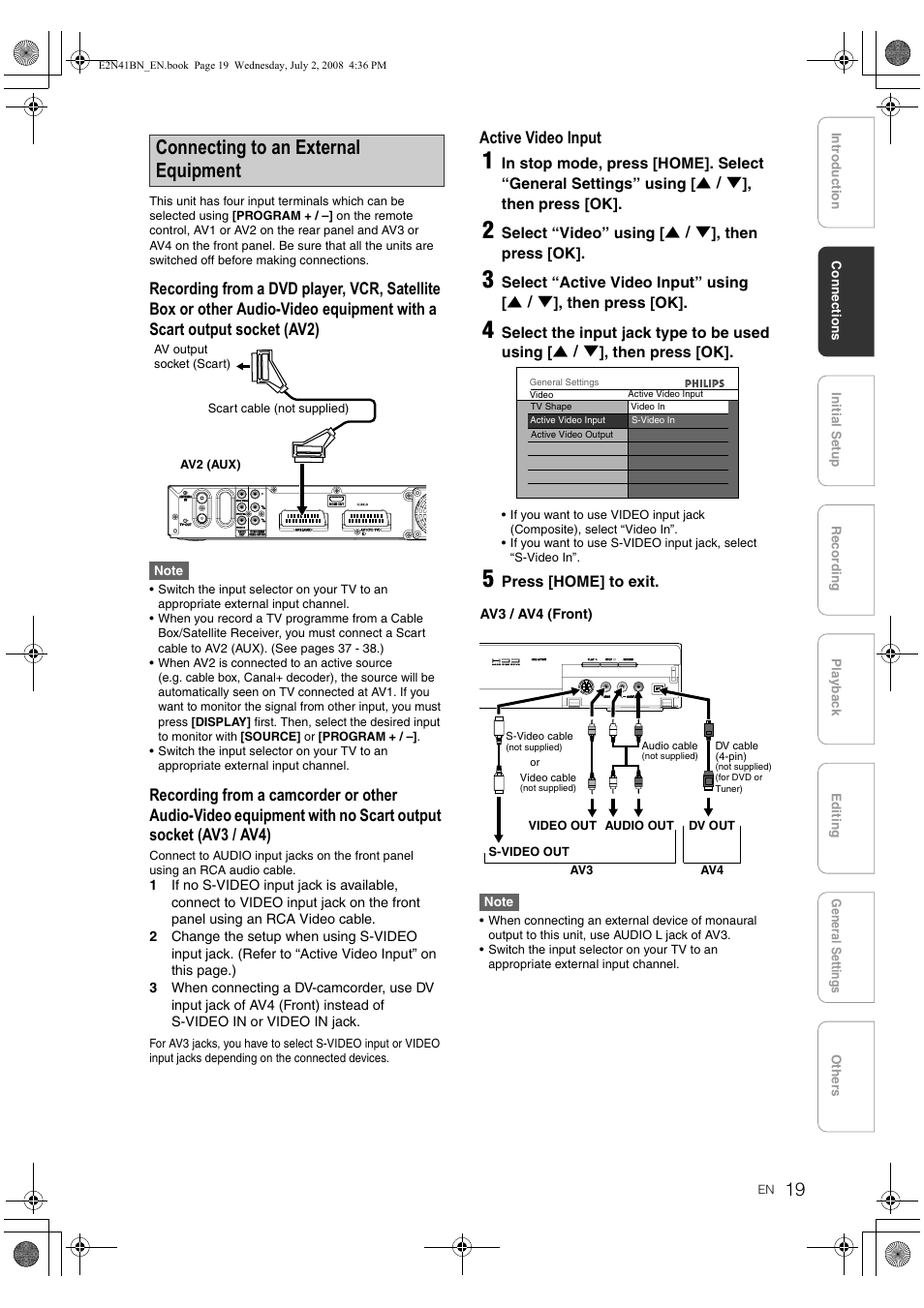 Connecting to an external equipment, Active video input | Philips HDR3700 User Manual | Page 19 / 100