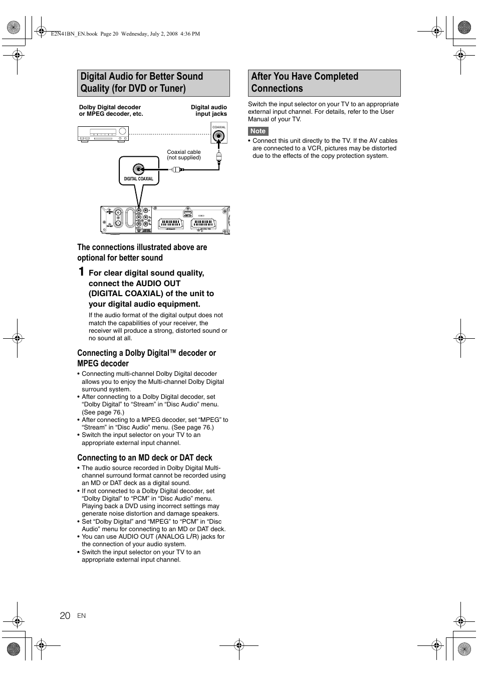 After you have completed connections, Connecting to an md deck or dat deck | Philips HDR3700 User Manual | Page 20 / 100