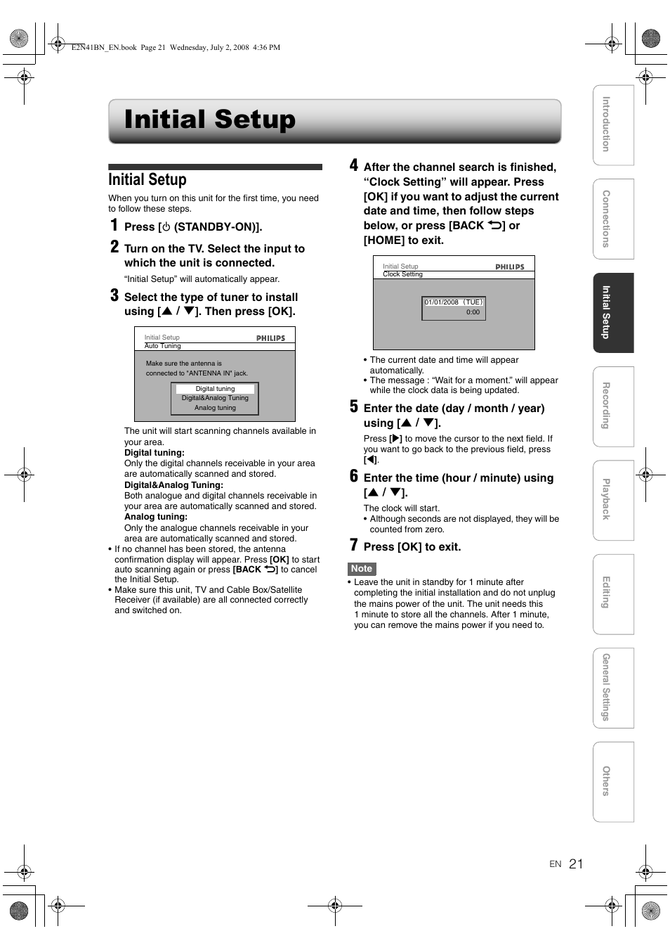 Initial setup | Philips HDR3700 User Manual | Page 21 / 100