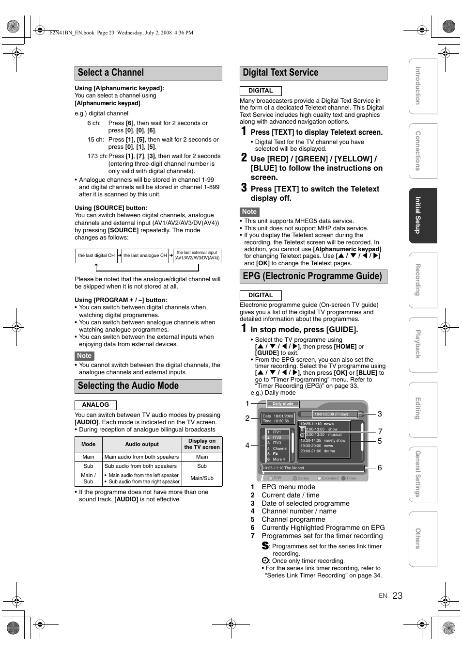 Select a channel, Selecting the audio mode, Digital text service | Epg (electronic programme guide) | Philips HDR3700 User Manual | Page 23 / 100