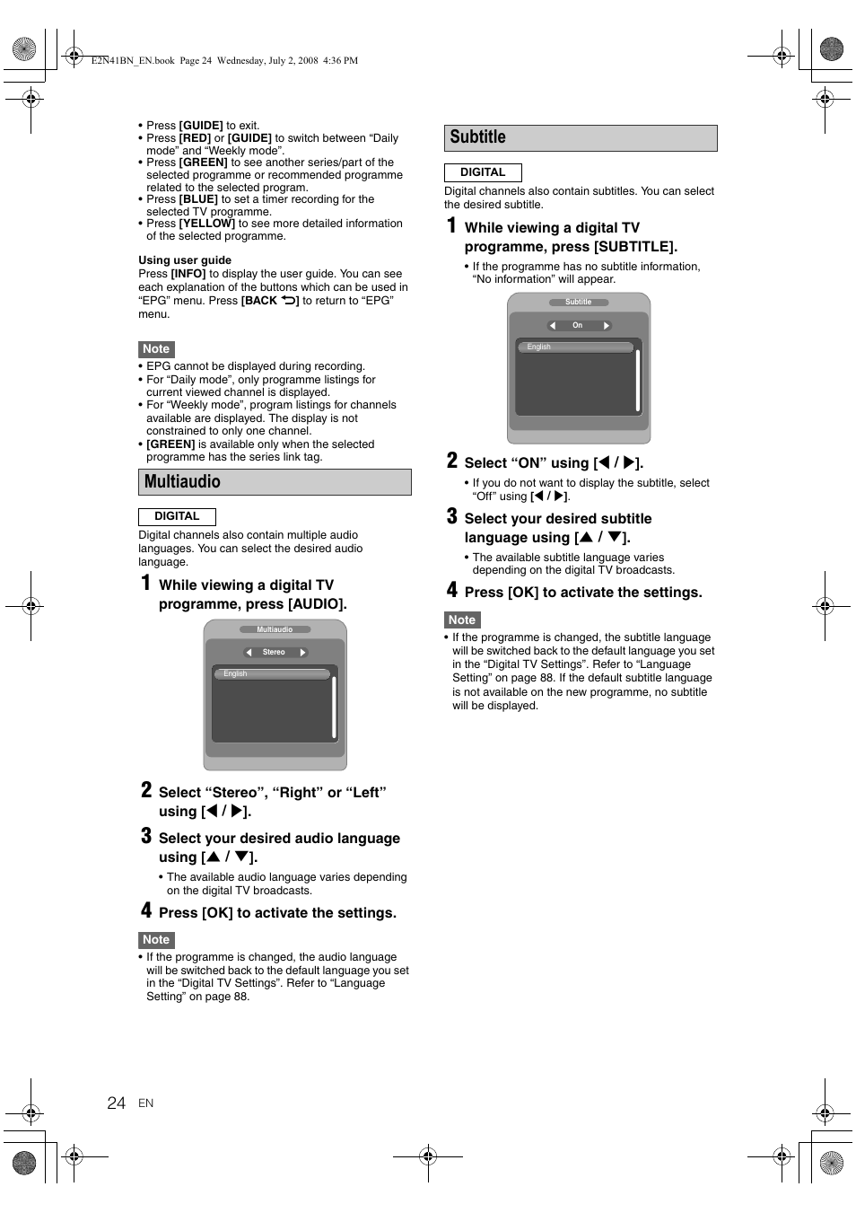 Multiaudio, Subtitle | Philips HDR3700 User Manual | Page 24 / 100