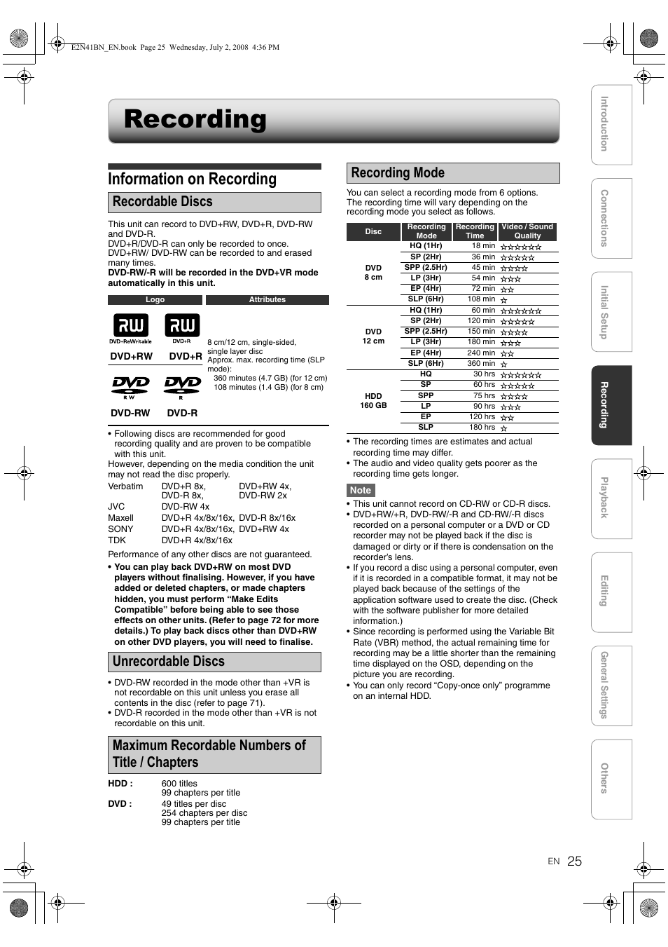 Recording, Information on recording, Recordable discs | Recording mode | Philips HDR3700 User Manual | Page 25 / 100
