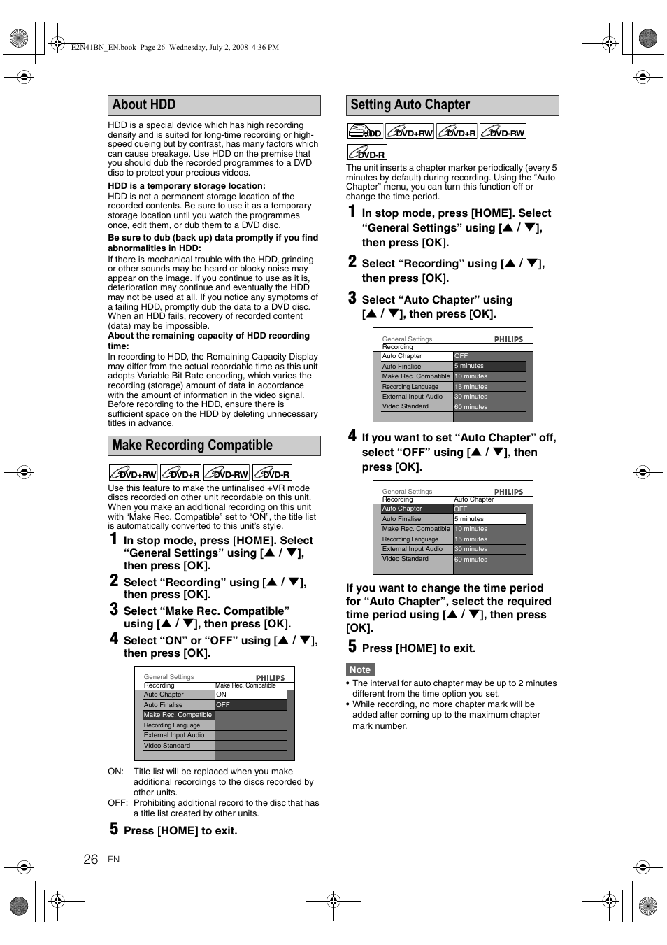 About hdd make recording compatible, Setting auto chapter | Philips HDR3700 User Manual | Page 26 / 100