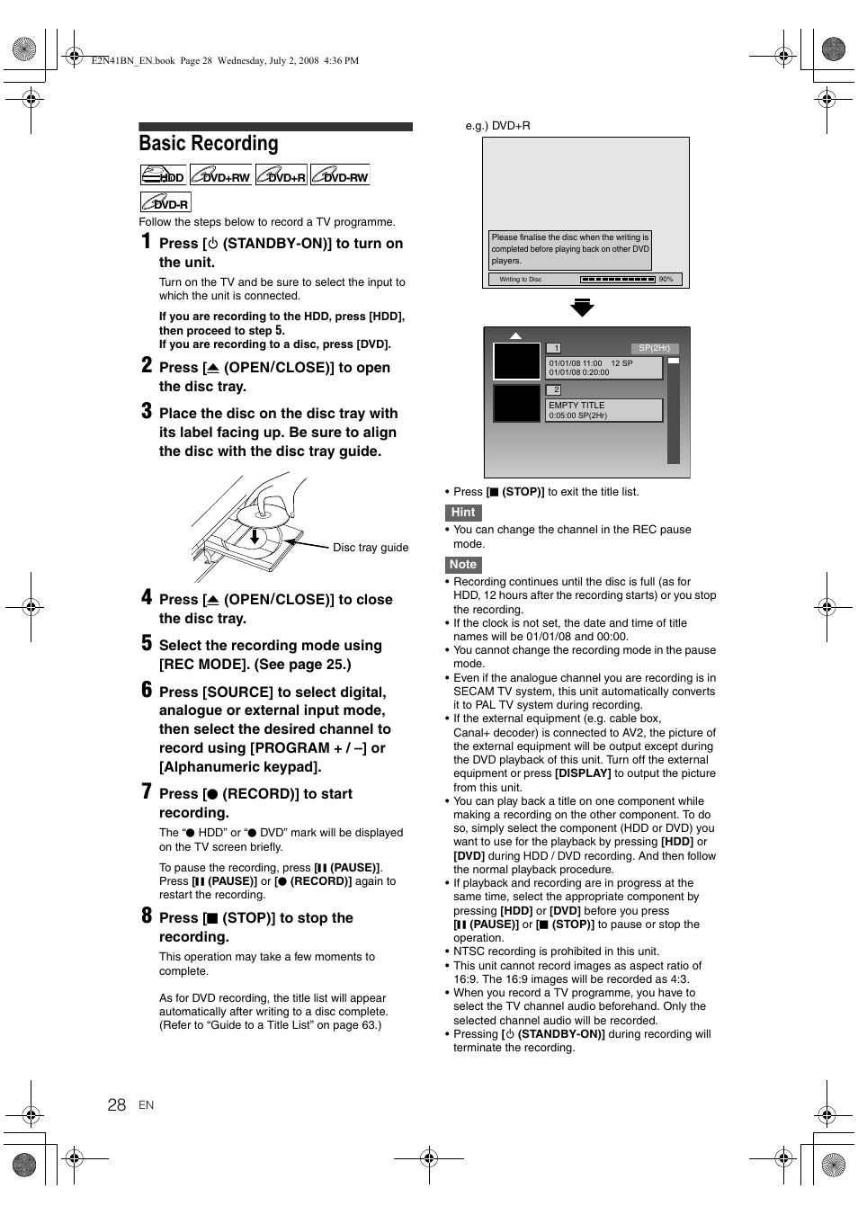 Basic recording | Philips HDR3700 User Manual | Page 28 / 100