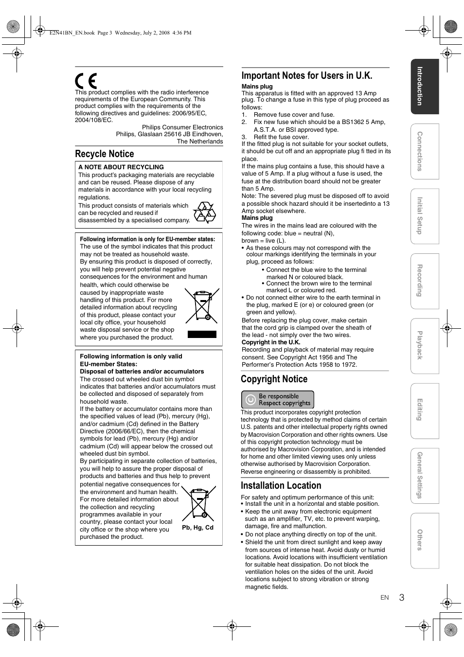 Recycle notice copyright notice, Installation location | Philips HDR3700 User Manual | Page 3 / 100