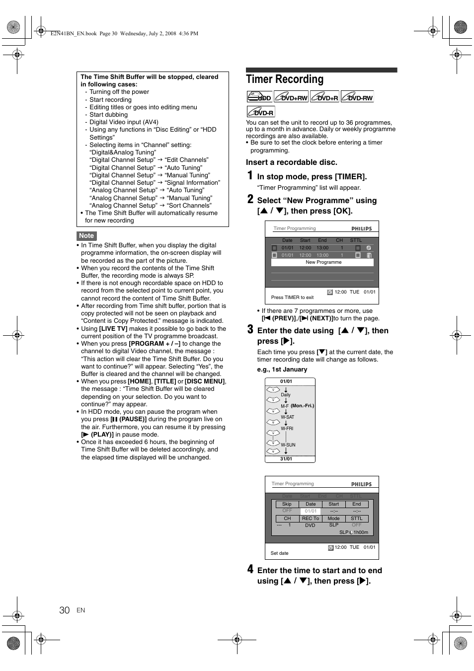 Timer recording, Insert a recordable disc, Enter the date using [ u \ d ], then press [ p | Philips HDR3700 User Manual | Page 30 / 100