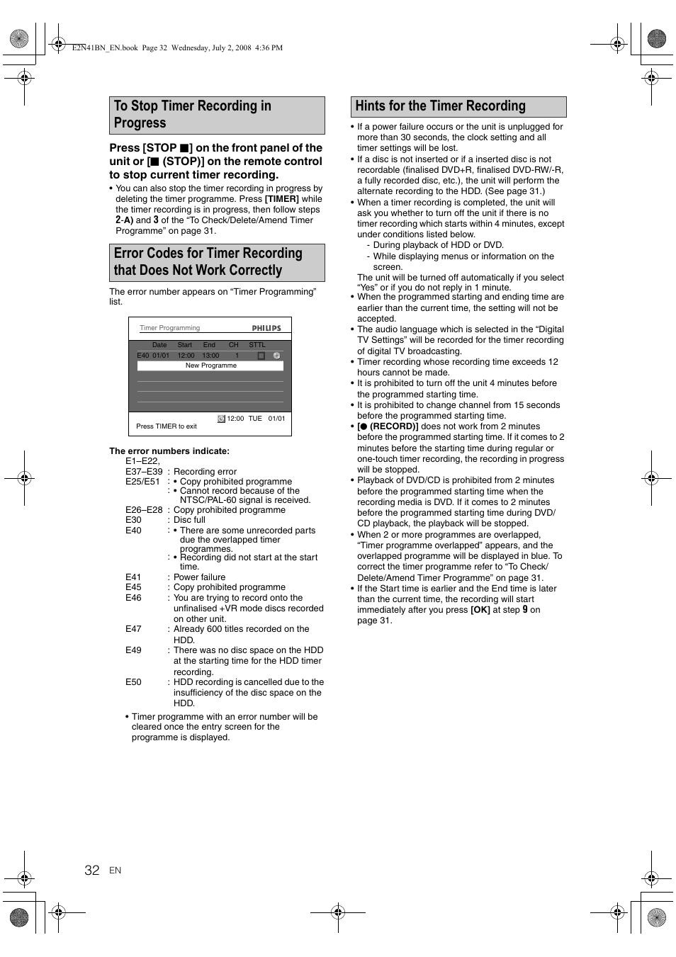 Hints for the timer recording | Philips HDR3700 User Manual | Page 32 / 100