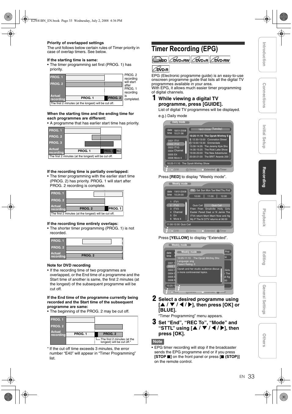 Timer recording (epg), While viewing a digital tv programme, press [guide | Philips HDR3700 User Manual | Page 33 / 100