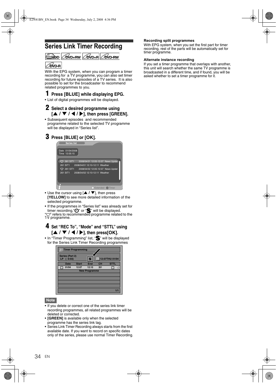 Series link timer recording | Philips HDR3700 User Manual | Page 34 / 100