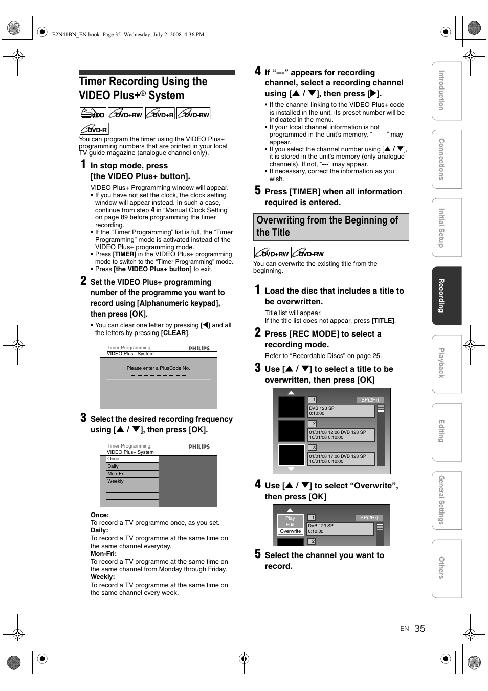 Timer recording using, The video plus, Timer recording using the video plus | System, Overwriting from the beginning of the title | Philips HDR3700 User Manual | Page 35 / 100