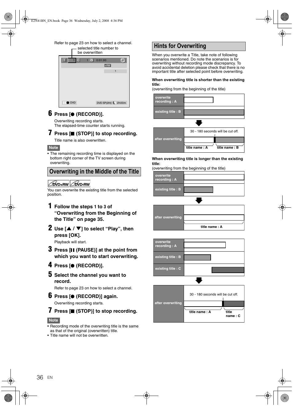 Overwriting in the middle of the title, Hints for overwriting | Philips HDR3700 User Manual | Page 36 / 100