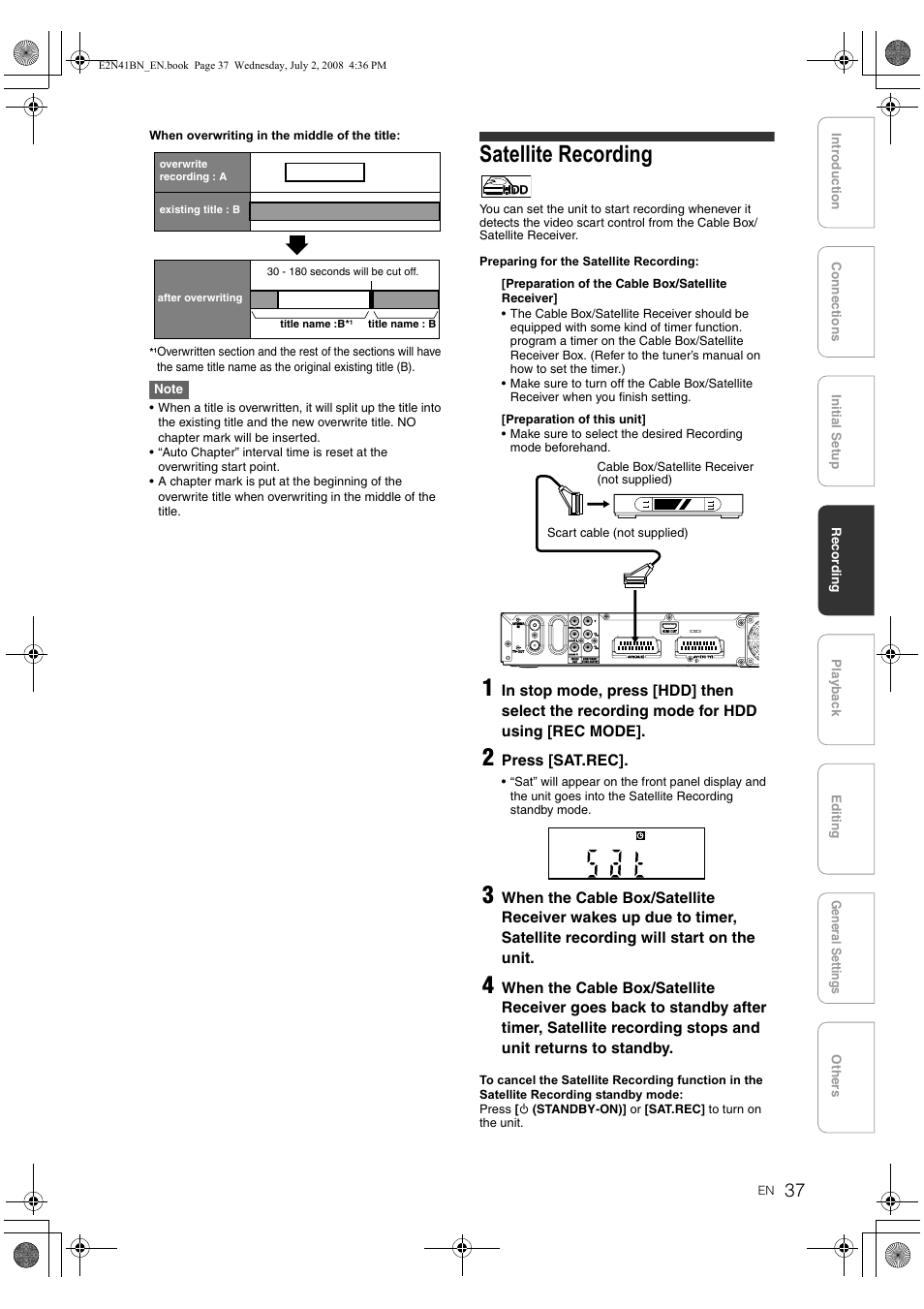 Satellite recording | Philips HDR3700 User Manual | Page 37 / 100