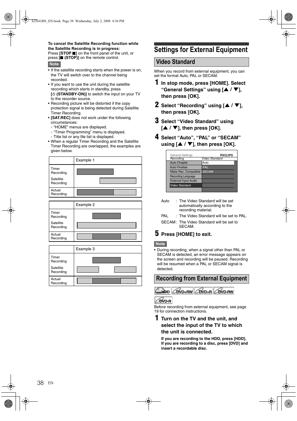 Settings for external equipment, Video standard, Recording from external equipment | Philips HDR3700 User Manual | Page 38 / 100