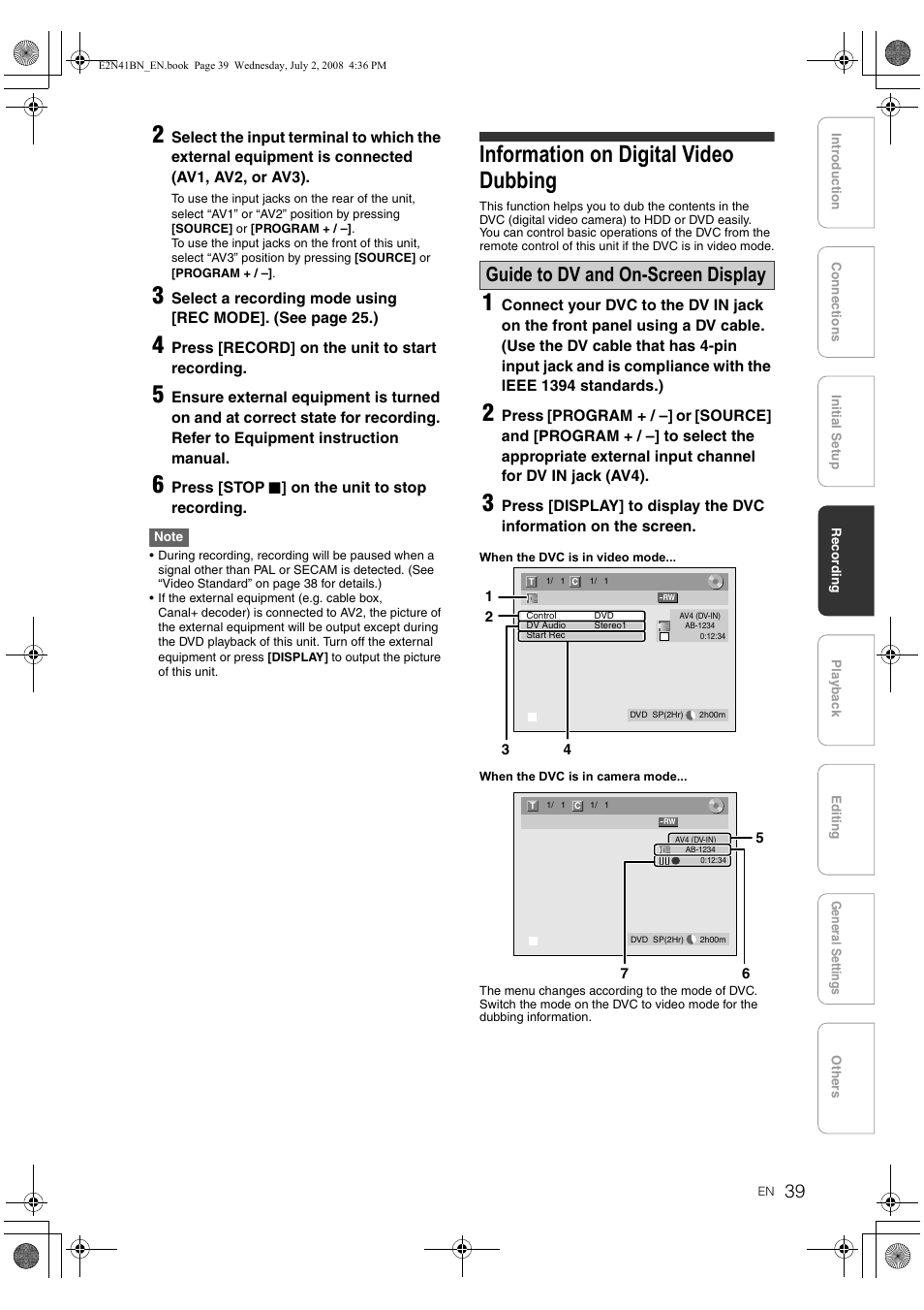 Information on digital video dubbing, Guide to dv and on-screen display | Philips HDR3700 User Manual | Page 39 / 100