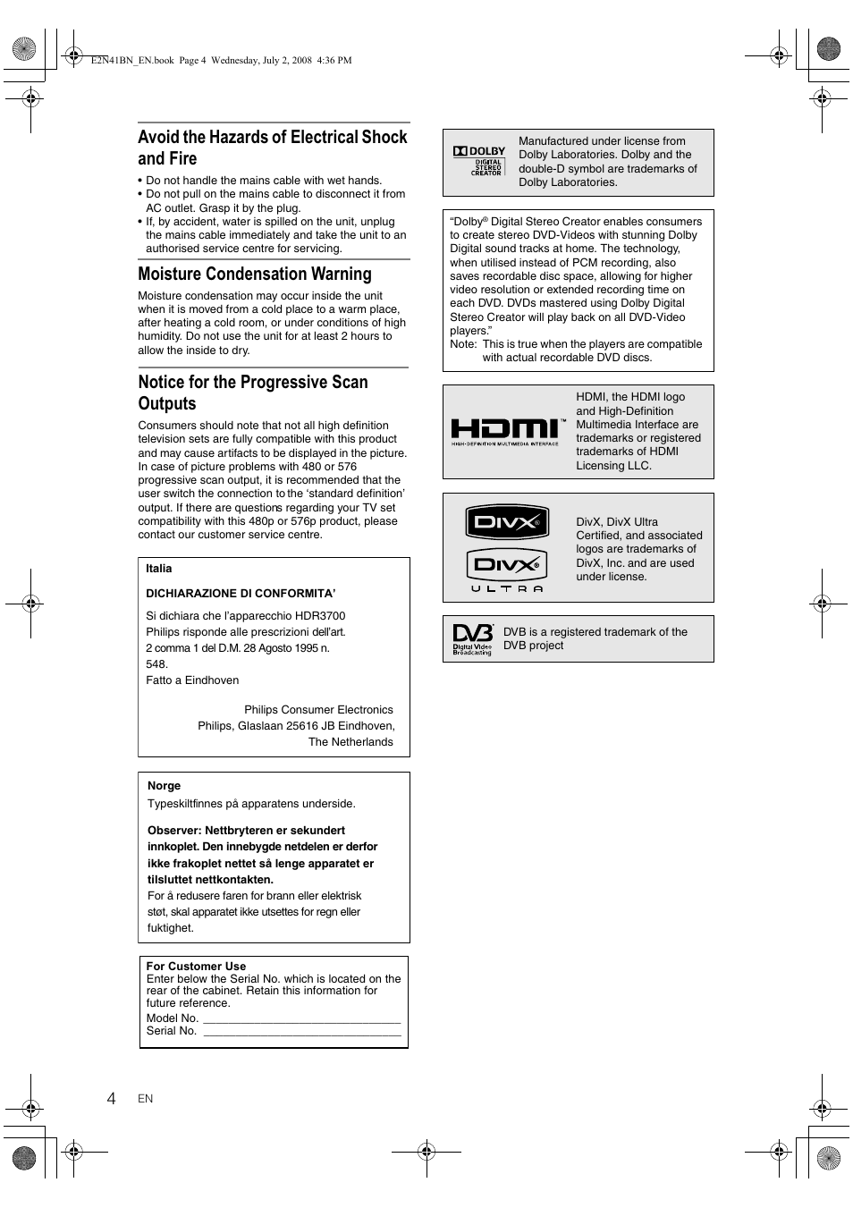 Moisture condensation warning, Avoid the hazards of electrical shock and fire, Notice for the progressive scan outputs | Philips HDR3700 User Manual | Page 4 / 100