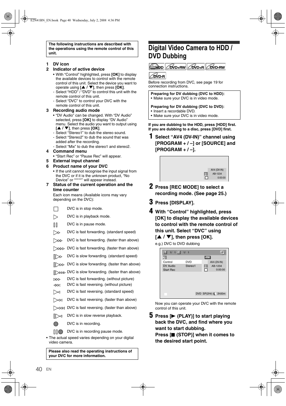 Digital video camera to hdd / dvd dubbing | Philips HDR3700 User Manual | Page 40 / 100