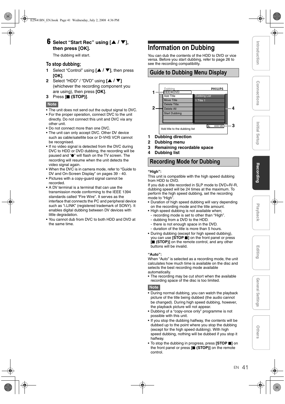 Information on dubbing | Philips HDR3700 User Manual | Page 41 / 100