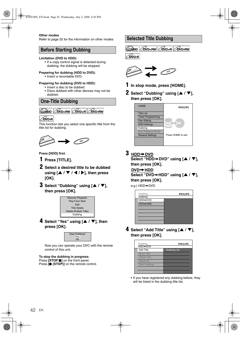 Before starting dubbing one-title dubbing, Selected title dubbing | Philips HDR3700 User Manual | Page 42 / 100
