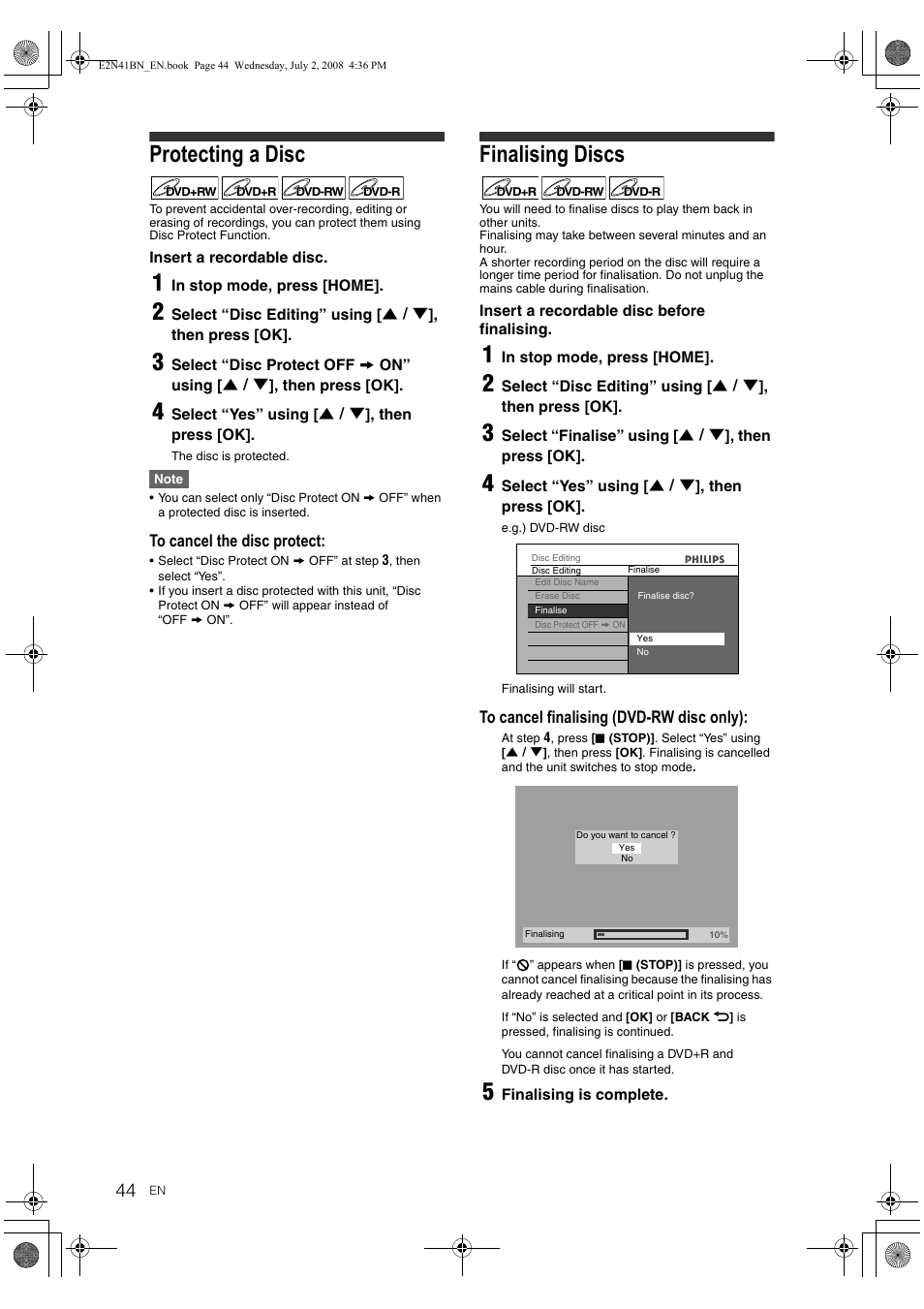 Protecting a disc, Finalising discs | Philips HDR3700 User Manual | Page 44 / 100
