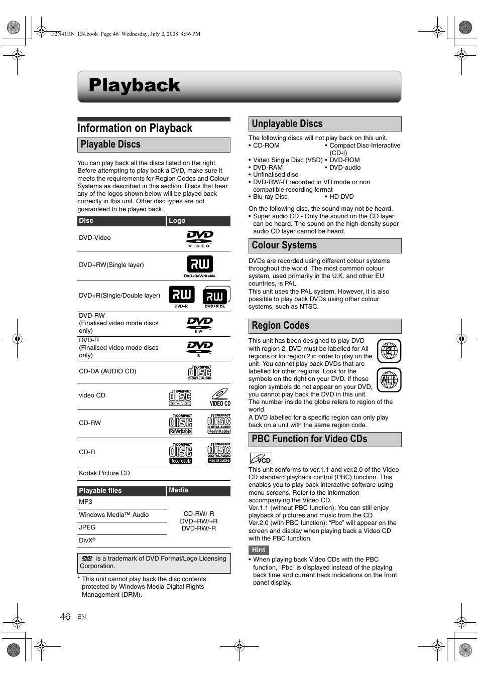 Playback, Information on playback, Playable discs | Unplayable discs | Philips HDR3700 User Manual | Page 46 / 100