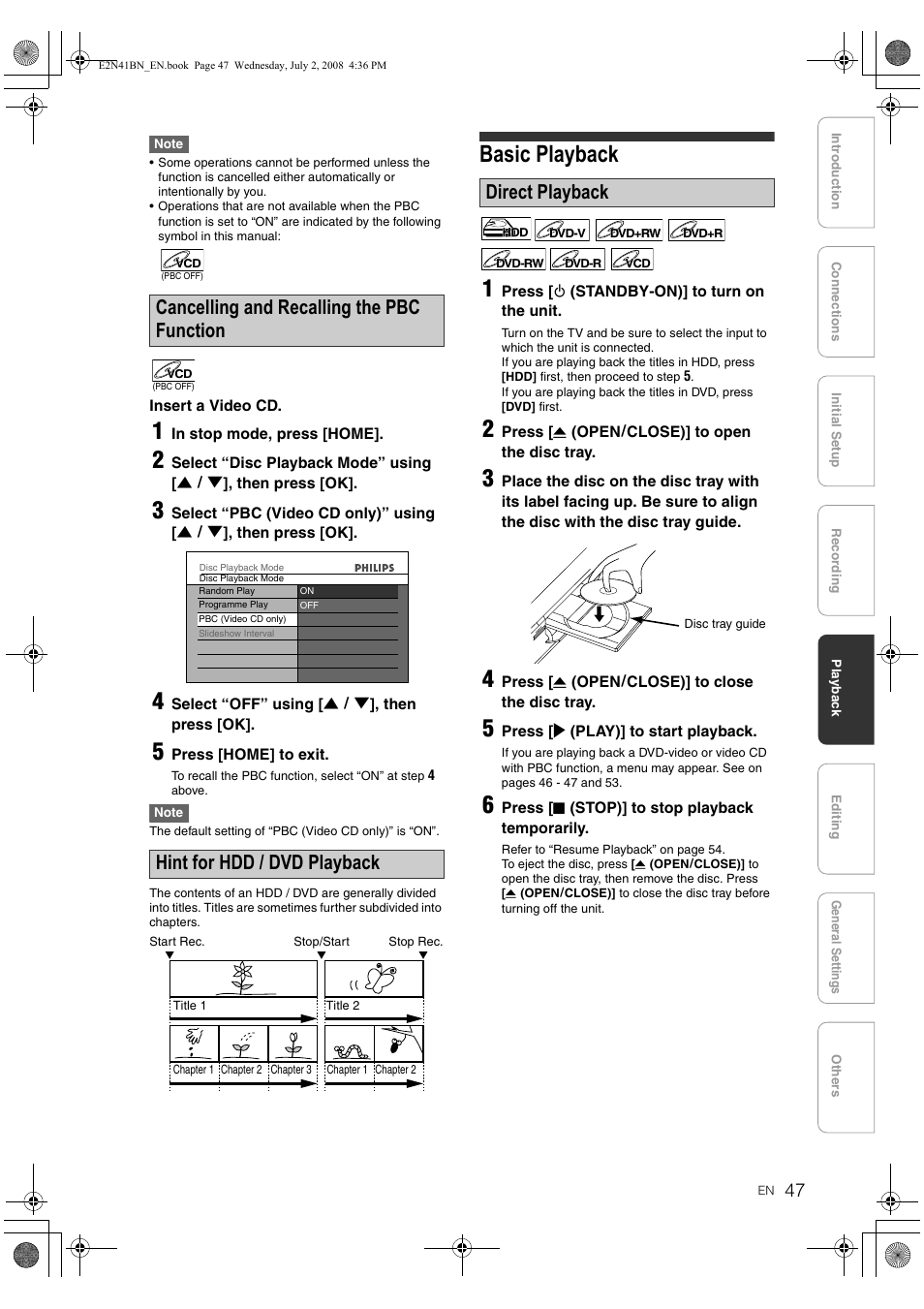 Basic playback, Basic playback 1, Direct playback | Philips HDR3700 User Manual | Page 47 / 100