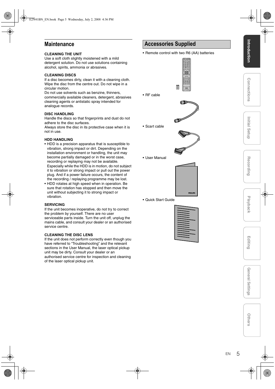 Maintenance, Accessories supplied | Philips HDR3700 User Manual | Page 5 / 100