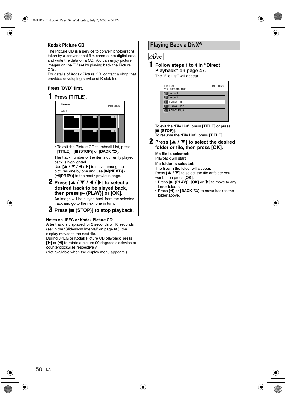 Playing back a divx, Kodak picture cd | Philips HDR3700 User Manual | Page 50 / 100