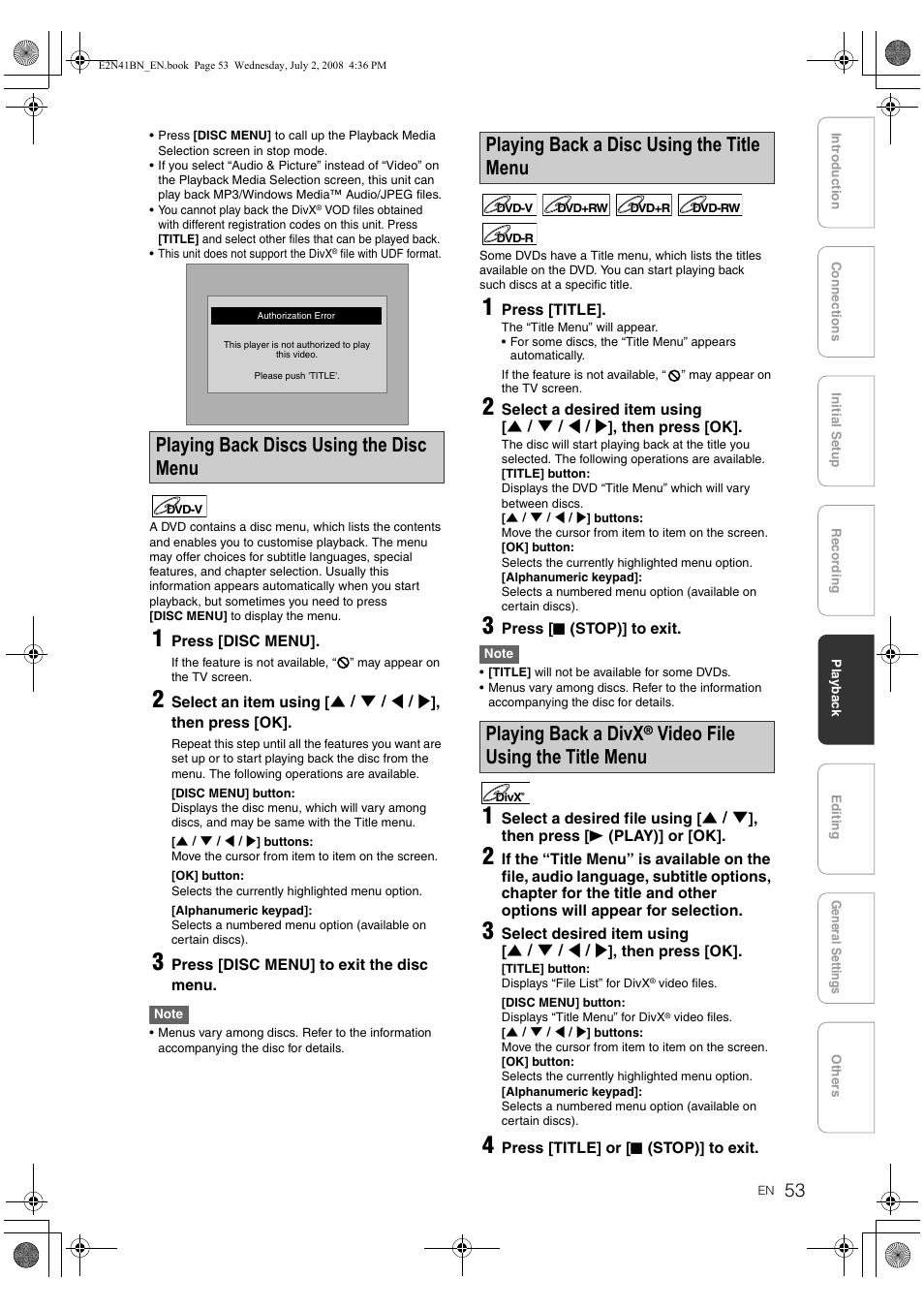 Playing back discs using the disc menu, Video file using the title menu | Philips HDR3700 User Manual | Page 53 / 100