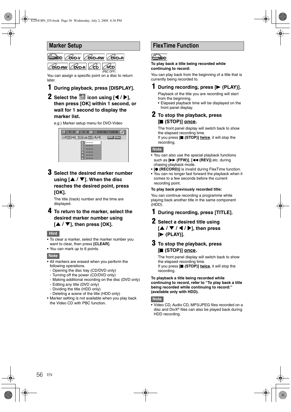 Marker setup, Flextime function | Philips HDR3700 User Manual | Page 56 / 100