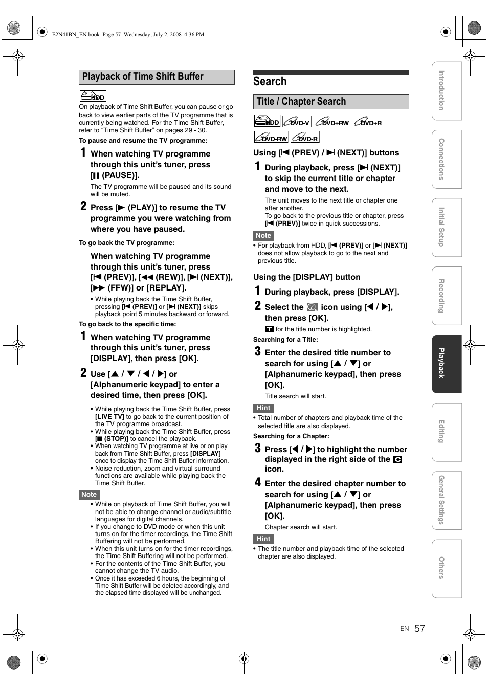 Search, Playback of time shift buffer, Title / chapter search | Philips HDR3700 User Manual | Page 57 / 100