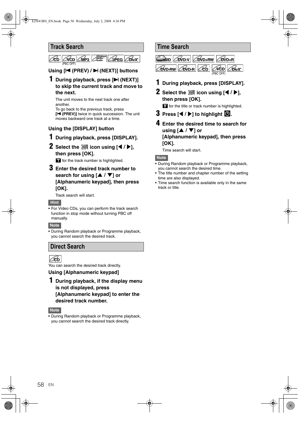 Track search direct search, Time search | Philips HDR3700 User Manual | Page 58 / 100