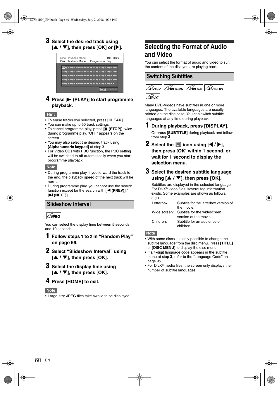 Selecting the format of audio and video, Slideshow interval, Switching subtitles | Philips HDR3700 User Manual | Page 60 / 100